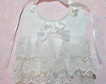 Ruffled Organza Lace Christening Bib, White Baptism Blessing Bib