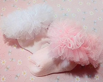 Baby Cotton Tutu Socks, Ruffled Mesh Lace, Pink or White