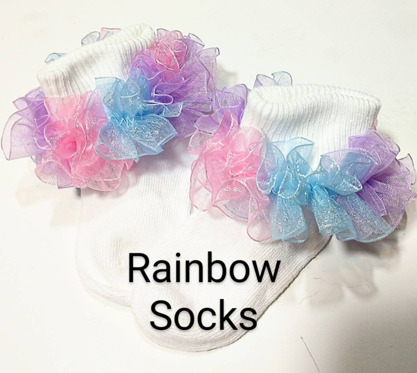 Rainbow infant, toddlers and lil girl ruffled socks.