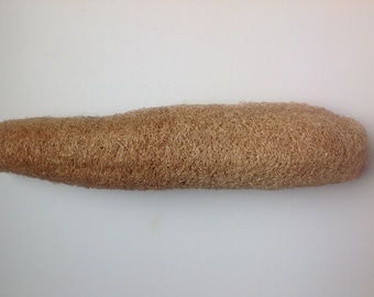 May include: A natural loofah sponge, a long, brown, fibrous, textured, cylindrical shape, on a white background.