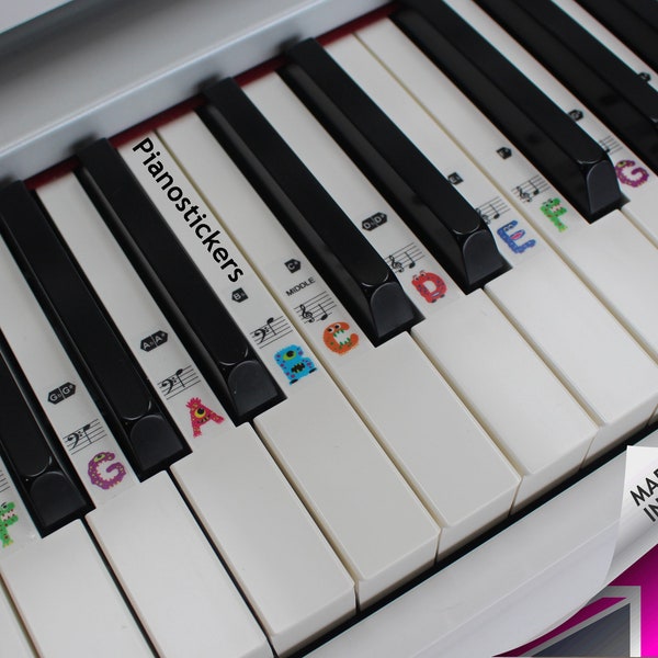 Piano Stickers 61 key set for the white keys only, 36 white key mini monster design, Clear, Removable