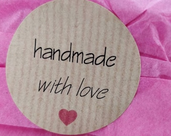 Handmade with love stickers label with heart for handmade gifts 40mm stickers pack of 50