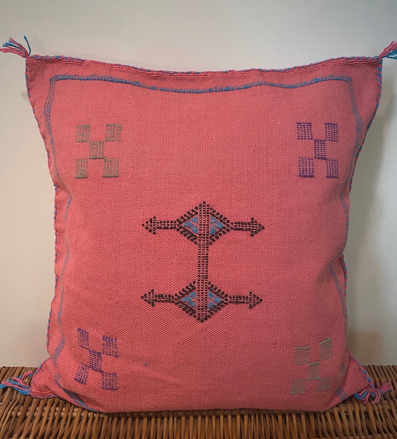 May include: A pink throw pillow with a blue and black geometric pattern. The pillow has a fringe border and is made of a soft, woven fabric.
