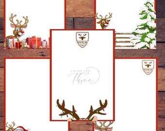 May include: Printable 8.5x11 stationery with five reindeer designs. Each sheet features a red border and a "North Pole Mail" emblem. The designs include reindeer, Santa, and Christmas tree illustrations.