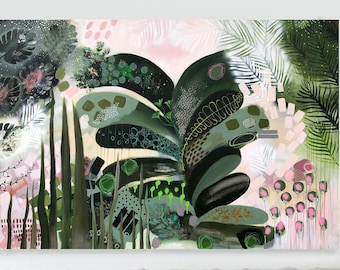 May include: Abstract art canvas print featuring a botanical design in shades of green, black, and pink. The artwork is displayed above a light-colored sofa with tufted detailing and dark wooden legs. The painting has a modern, organic feel.
