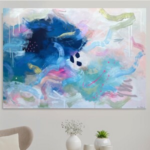 Blue Abstract Painting: Modern Colorful Art, 39&quot;x27.5&quot; Canvas
