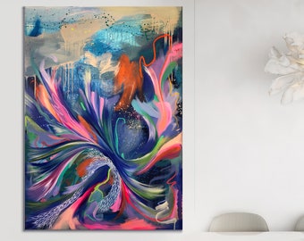 May include: Abstract painting with swirling lines and colors in shades of blue, pink, green, and orange. The painting is on a white wall in a room with a white table and chairs.