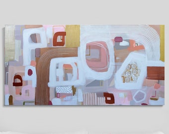 Large Abstract Geometric Painting: Gold & Rose Gold Wall Art
