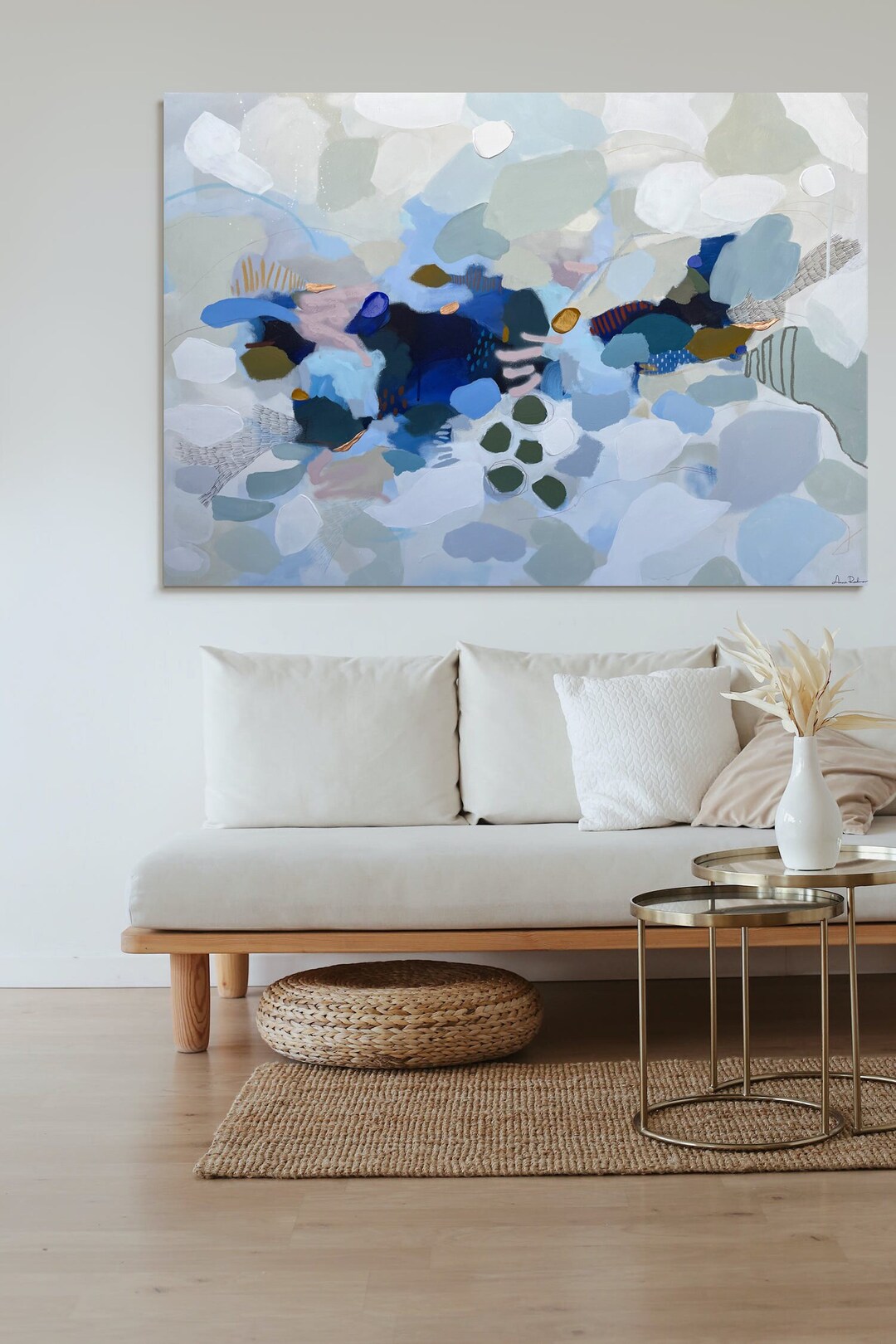 Light Navy Blue Abstract Painting on Canvas, Blue Abstract Painting, Living Room Wall Art