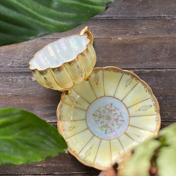 Vintage 1940’s Luster Iridescent Scalloped Yellow and White Teacup and Saucer by Royal Sealy China