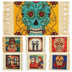 Coasters-Day of the dead-Dia de los Muertos-Sugar Skulls-Calavera-6&quot;×6&quot;-Cotton Fringe-Taos NM
