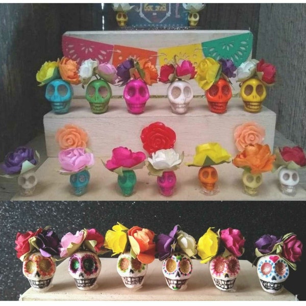 Mini Skull with Roses-Paper Roses-Stone Skull-Altar decor-Ofrenda-Day of the dead-Dia de los Muertos-Nicho Charm-Mix and Match