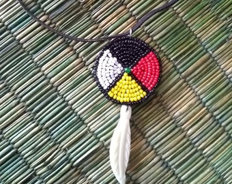 Medicine Wheel Necklace- 1 5/8" Glass beaded Rosette-Buffalo bone feather-Four Directions-Taos New Mexico