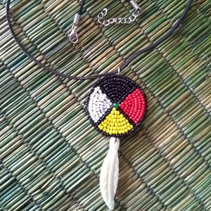 Medicine Wheel Necklace- 1 5/8&quot; Glass beaded Rosette-Buffalo bone feather-Four Directions-Taos New Mexico