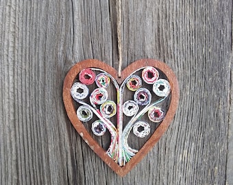 Heart tree of life-Wood Frame-Recycled Magazine Art-Ornament-Home decor-Wall hanging-Taos NM-Valentines Day gift