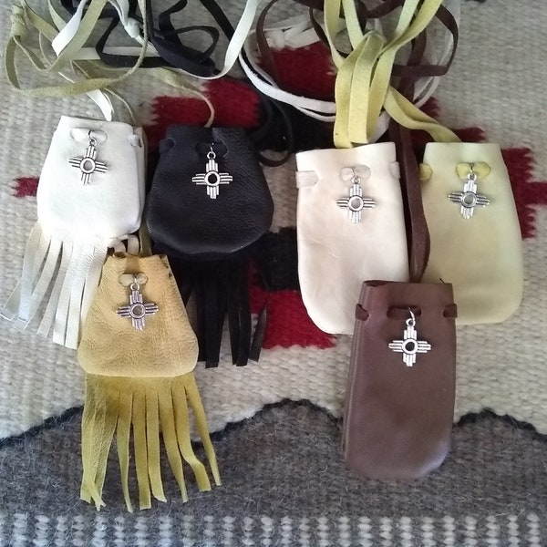 Medicine bags-Leather Buckskin-Amulet bag-Zia Charm-Medicine pouch necklace-Deerskin pouch-Zia-Taos NM