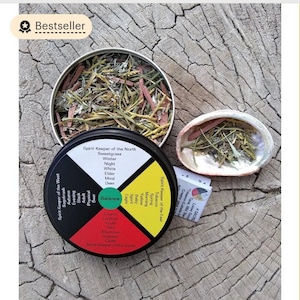 4 directions Smudge Incense-Lobelia inflata-Cedarwood-Sweetgrass-Sagebrush-Medicine Wheel-Abalone Shell-2oz/4oz Tin-TaosNM