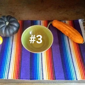 May include: A still life arrangement featuring a green bowl with the number 3, a dark gray pumpkin, a small orange gourd, and an elongated orange squash. The items are arranged on a colorful striped textile with white fringe.