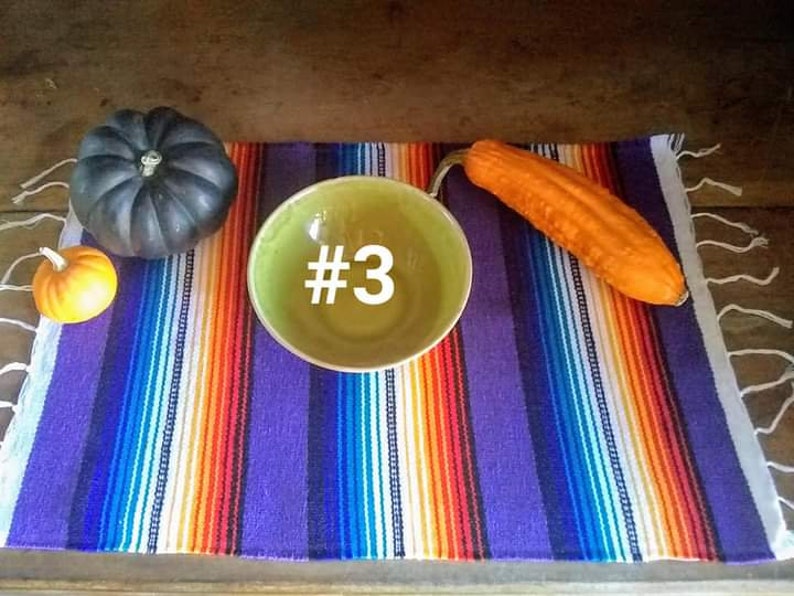 May include: A still life arrangement featuring a green bowl with the number 3, a dark gray pumpkin, a small orange gourd, and an elongated orange squash. The items are arranged on a colorful striped textile with white fringe.