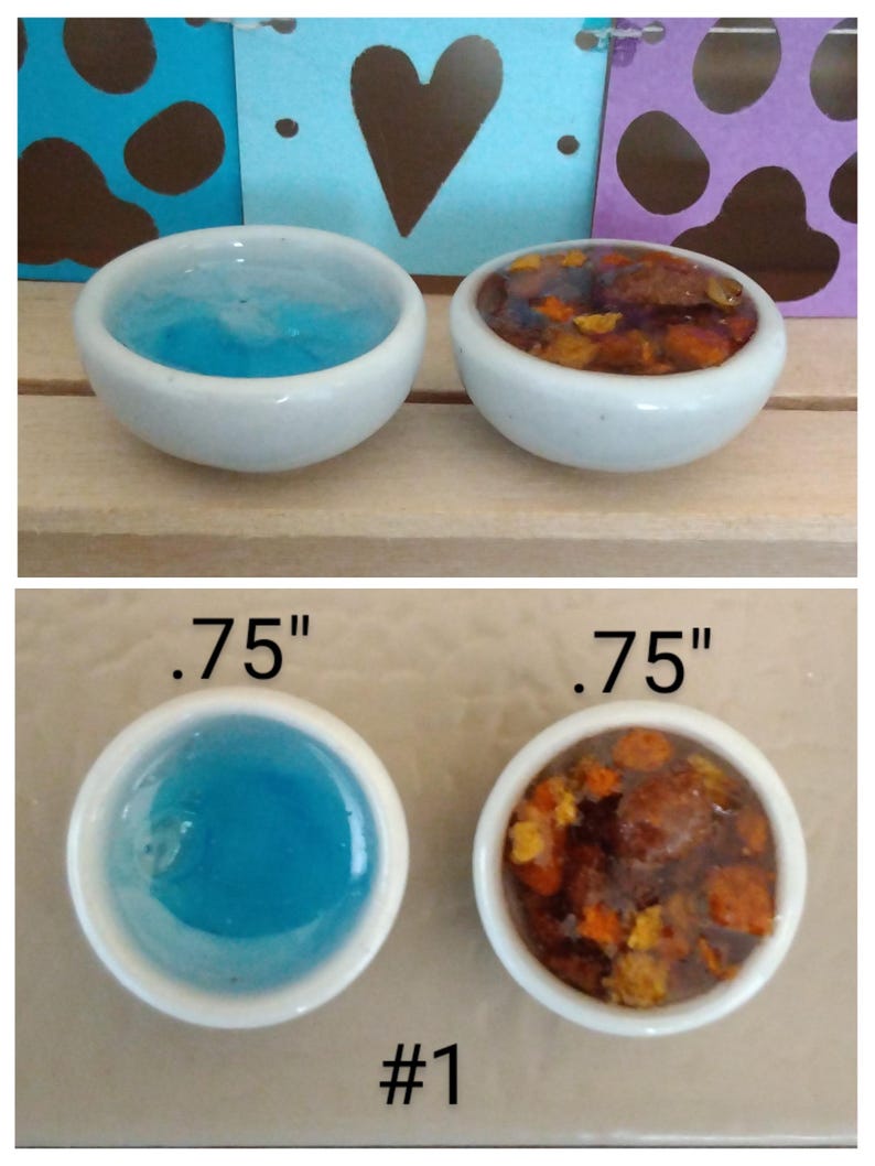 May include: Two small, white ceramic bowls, each .75 inches in diameter, are displayed. One bowl contains blue liquid, the other contains a mix of brown and orange items. The bowls are labeled "#1".