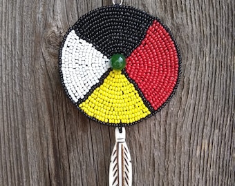 Medicine Wheel Necklace- 3" Glass beaded Rosette-Buffalo bone feather-Four Directions-Taos New Mexico