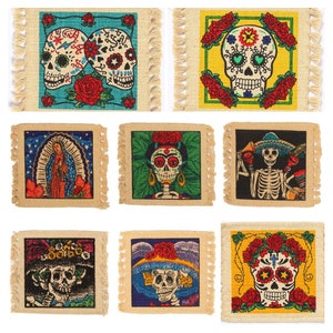 Coasters-Day of the dead-Dia de los Muertos-Frida Kahlo-Sugar Skull-Calavera-Catrina-6&quot;× 6&quot;-Cotton Fringe-Taos NM