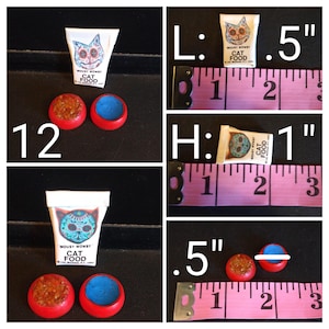 May include: Miniature cat food bag with a Day of the Dead cat design, measuring 1 inch high and 0.5 inches wide. Includes two red bowls, one with brown food and one with blue interior. The set includes 12 pieces.