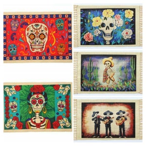 Table Mat-Placemats-Dia de los Muertos-Day of the dead-Frida Kahlo-Sugar skull-Skeleton Musicians-Halloween decor-Taos NM