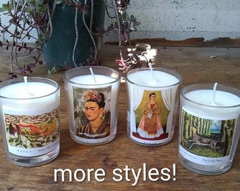 2oz-Frida Kahlo Candle-Unscented Soy-Glass Votive-Mexican folk art