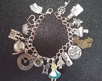 Alice in Wonderland Charm bracelet-17 Charms-Silver tone