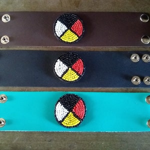 Leather Cuff Bracelet-Beaded Medicine Wheel-Four Directions-Taos NM