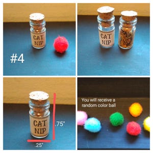 May include: Small glass jar labeled "CAT NIP" with a cork stopper. The jar is .75 inches tall and .25 inches wide. A red pom-pom and a variety of colorful pom-poms are also shown. The text "You will receive a random color ball" is visible.