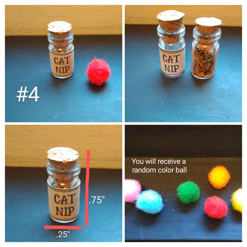 May include: Small glass jar labeled "CAT NIP" with a cork stopper. The jar is .75 inches tall and .25 inches wide. A red pom-pom and a variety of colorful pom-poms are also shown. The text "You will receive a random color ball" is visible.