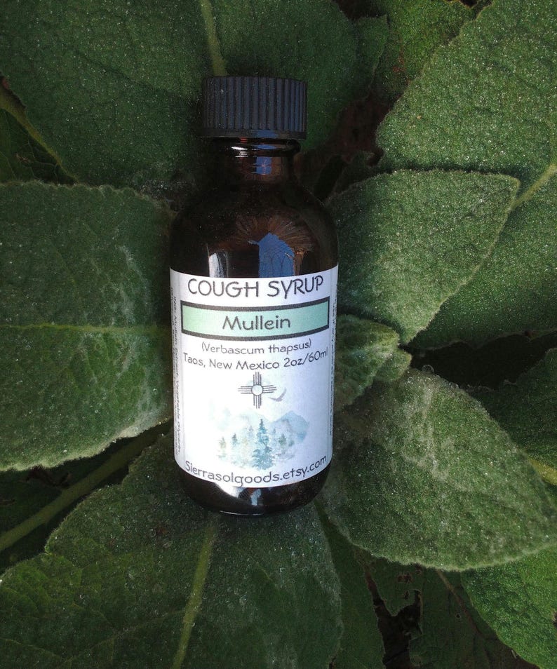 K&ouml;nnte beinhalten: Eine braune Glasflasche mit schwarzem Verschluss und einem wei&szlig;en Etikett mit der Aufschrift "Cough Syrup Mullein (Verbascum thapsus) Taos, New Mexico 2oz/60ml" mit einem stilisierten Berg- und Kreuzdesign. Die Flasche steht auf einer gr&uuml;nen, bebl&auml;tterten Oberfl&auml;che.