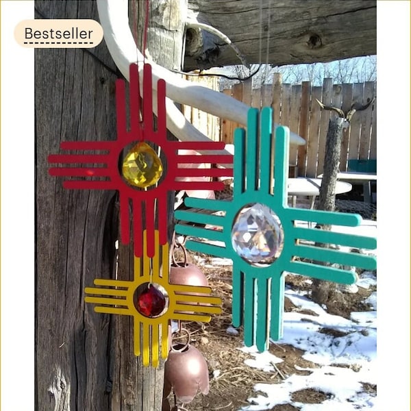 Zia Suncatcher 4/6"-Sun Symbol-Red & Yellow Crystal Ball Prism-Birch Wood-Turquoise Zia-New Mexico-Solstice-Rainbows-Taos NM