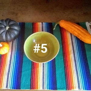 May include: A still life arrangement featuring a green bowl with the number 5, a dark gray pumpkin, a small orange pumpkin, and a long orange gourd. The items are arranged on a colorful striped textile with fringe.