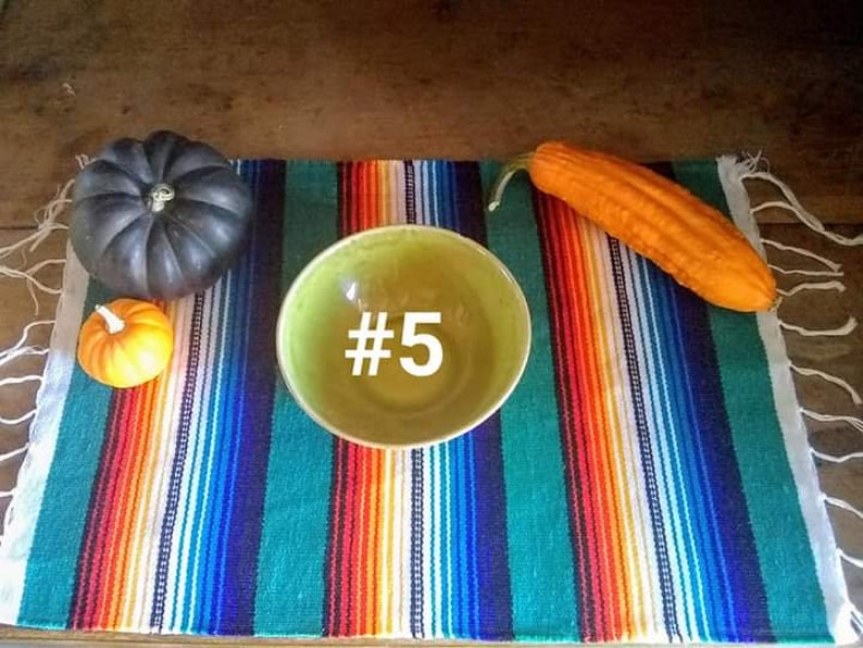May include: A still life arrangement featuring a green bowl with the number 5, a dark gray pumpkin, a small orange pumpkin, and a long orange gourd. The items are arranged on a colorful striped textile with fringe.