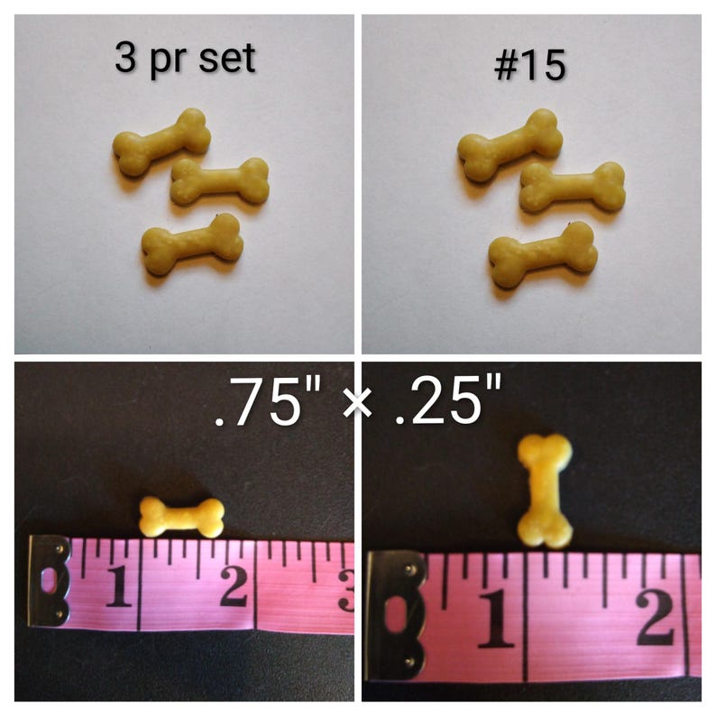 May include: Four images of small, bone-shaped dog treats. One image shows three treats with the text "3 pr set". Another shows three treats with the text "#15". The other two images show a single treat measuring .75" x .25".