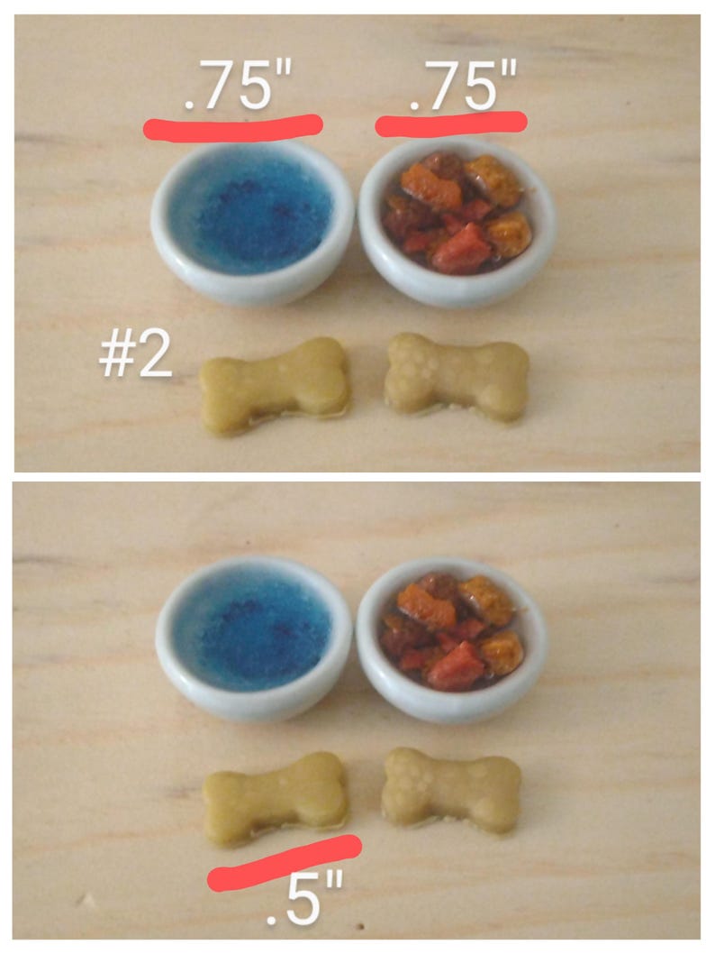 May include: Miniature pet food and water bowls with bone-shaped treats. The bowls are white with blue and brown contents. The treats are light brown. The image includes measurements of .75" and .5".