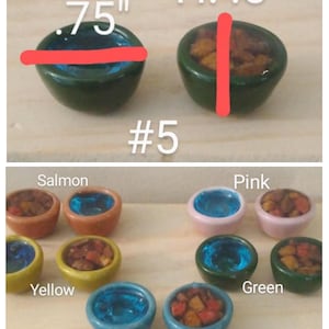 May include: A collection of small, colorful ceramic bowls. The bowls are in various colors, including green, blue, yellow, pink, and salmon. The bowls are filled with a textured material. The diameter is .75 inches, and the height is .5 inches.