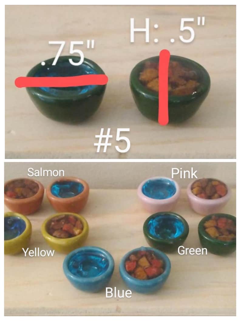 May include: A collection of small, colorful ceramic bowls. The bowls are in various colors, including green, blue, yellow, pink, and salmon. The bowls are filled with a textured material. The diameter is .75 inches, and the height is .5 inches.
