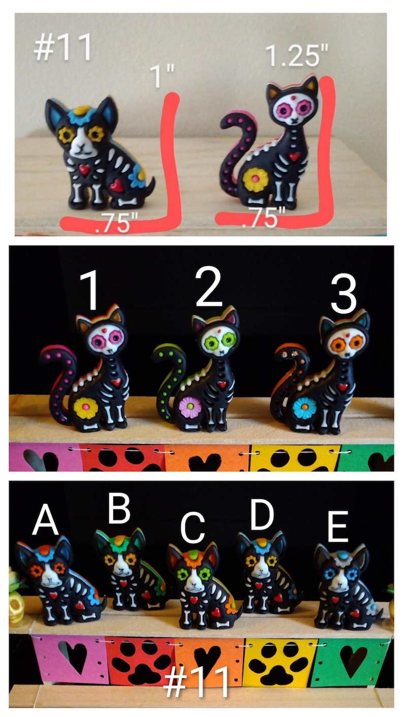 May include: A collection of Day of the Dead-themed figurines. The image shows several black cat and dog figurines with colorful floral and skeletal designs. The figurines are approximately 1 inch to 1.25 inches tall.
