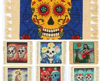 Coasters-Day of the dead-Dia de los Muertos-Sugar Skulls-Calavera-6"×6"-Cotton Fringe-Taos NM