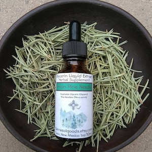 May include: A small amber glass bottle with a dropper top, filled with a clear liquid. The label reads "Glycerin Liquid Extract Herbal Supplement Piñon Pine Needle Vegetable Glycerin (Glycerol Pine Needles (Pinus edulis)) Serrasolgoods.etsy.com Taos, New Mexico 1oz/30ml". The bottle is sitting on a bed of green pine needles.
