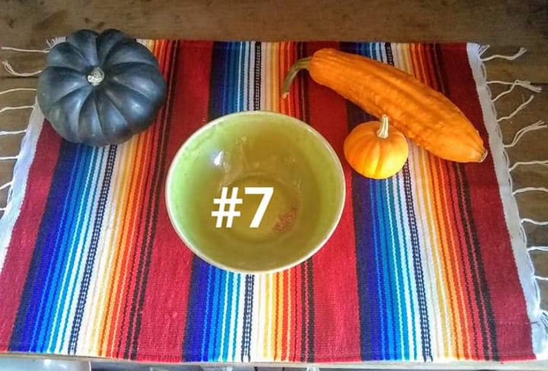 May include: A still life arrangement featuring a dark green gourd, a long orange squash, and a small orange pumpkin. A green bowl with the number 7 in white is centered on a colorful striped textile.