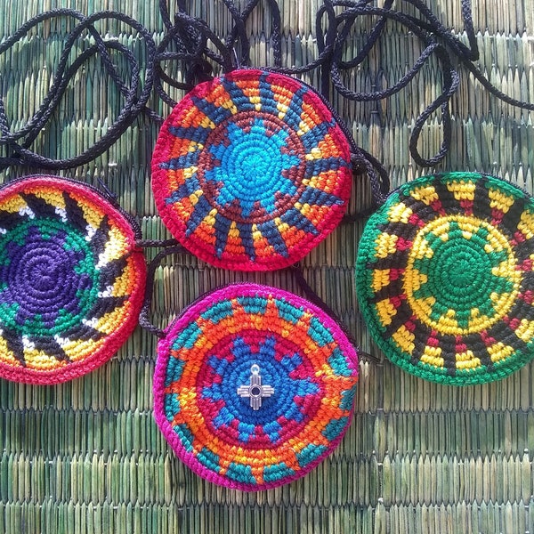Crochet Medicine Bag-Zia charm-Necklace-Coin pouch-Sun Symbol-Crochet Sun pouch-Taos NM