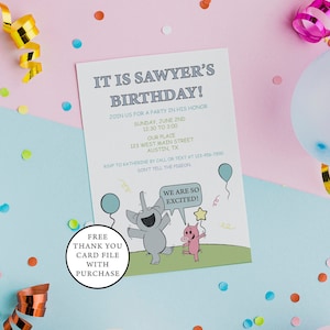 Piggie and Elephant Inspired Children&#39;s Birthday Party Invitation - Piggie and Gerald