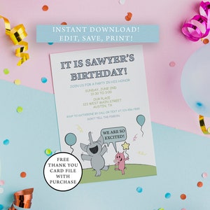 DIY Template Piggie and Elephant Inspired Children&#39;s Birthday Party Invitation - Piggie and Gerald