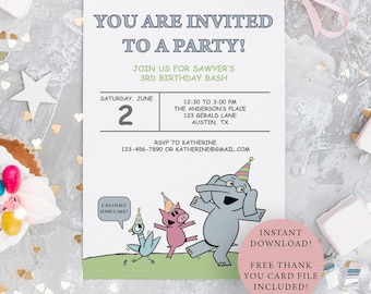 DIY Template Piggie and Gerald Inspired Children's Birthday Party Invitation - Piggie, Elephant, and Pigeon