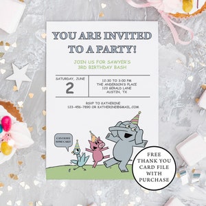 Piggie and Gerald Inspired Children&#39;s Birthday Party Invitation - Piggie, Elephant, and Pigeon